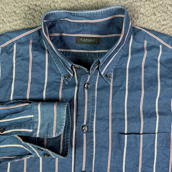 Canali Dress Shirt Mens XL Blue Striped Pattern Pocket Long Sleeve Italy - Picture 1 of 8